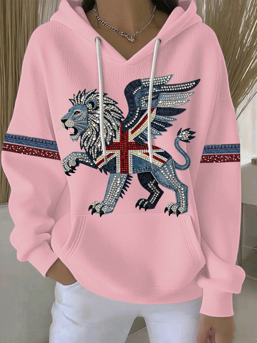 Women's British style imitation denim rhinestone hot-drill print casual hoodie