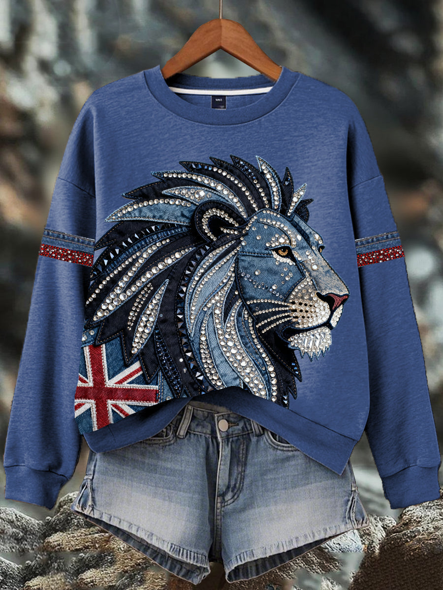 Women's British style imitation denim rhinestone hot-drill Print Sweatshirt