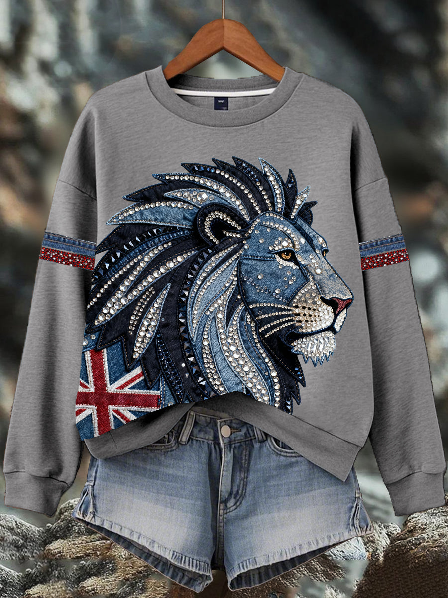 Women's British style imitation denim rhinestone hot-drill Print Sweatshirt