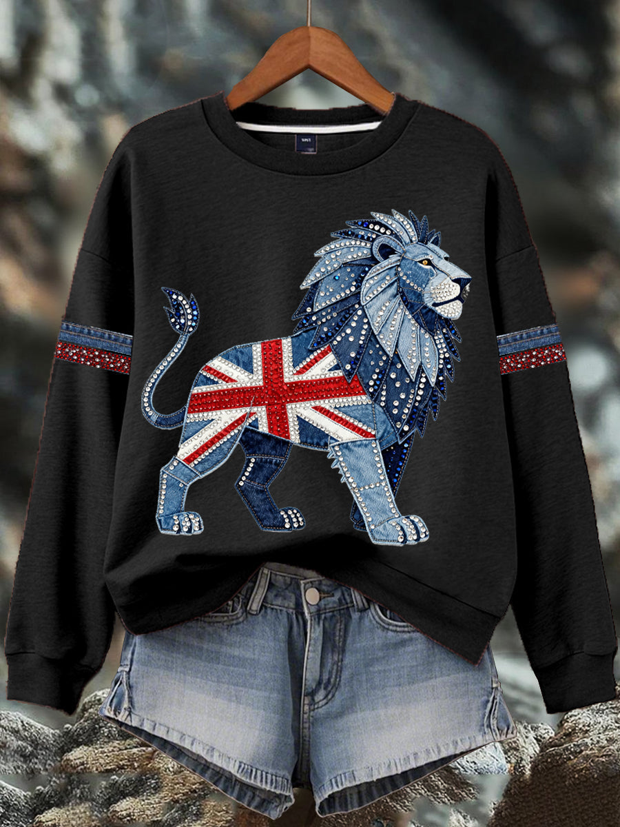 Women's British style imitation denim rhinestone hot-drill Print Sweatshirt