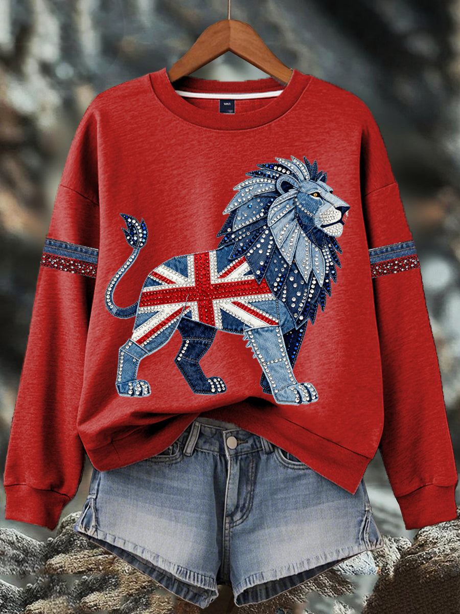 Women's British style imitation denim rhinestone hot-drill Print Sweatshirt
