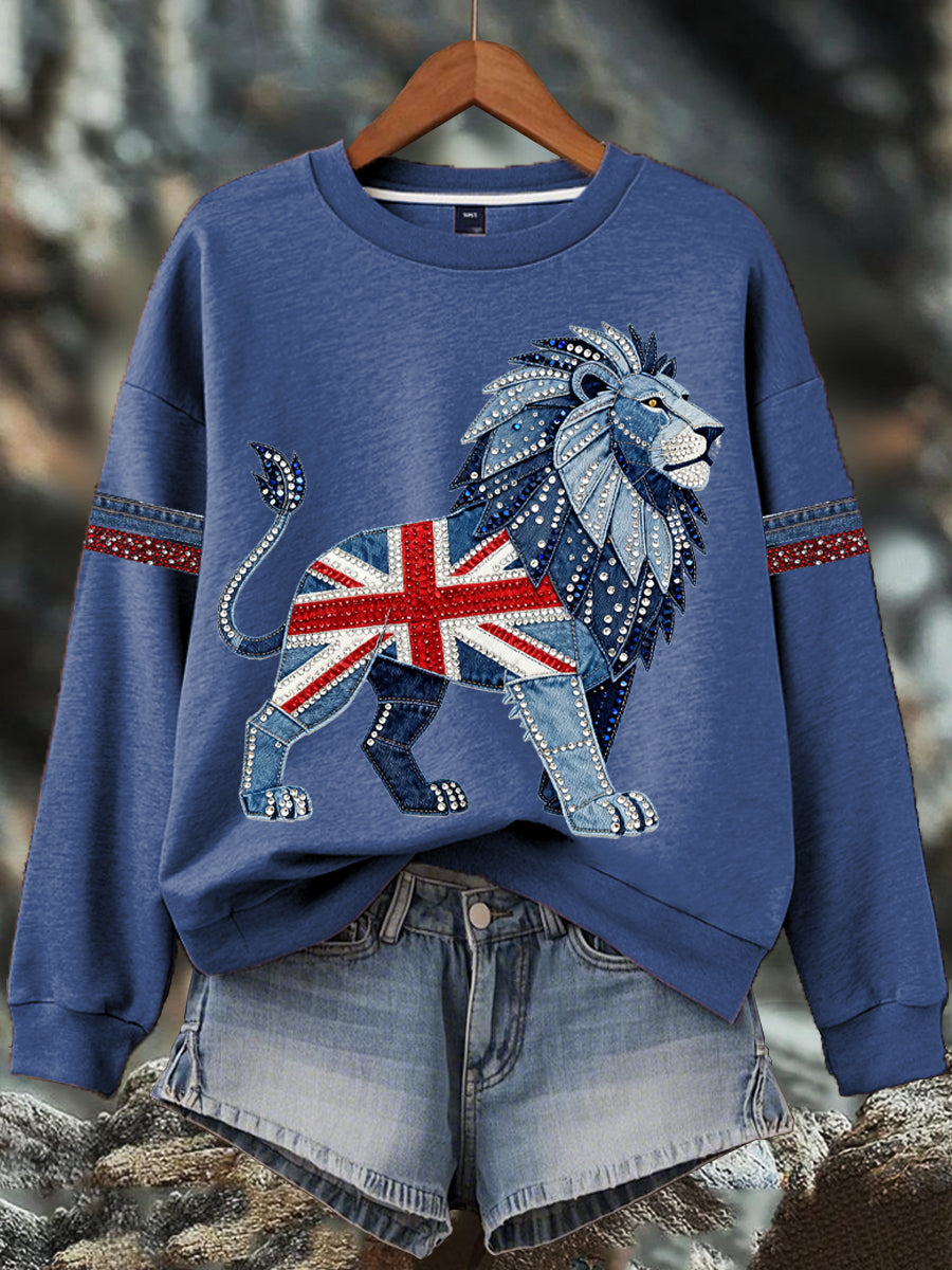 Women's British style imitation denim rhinestone hot-drill Print Sweatshirt
