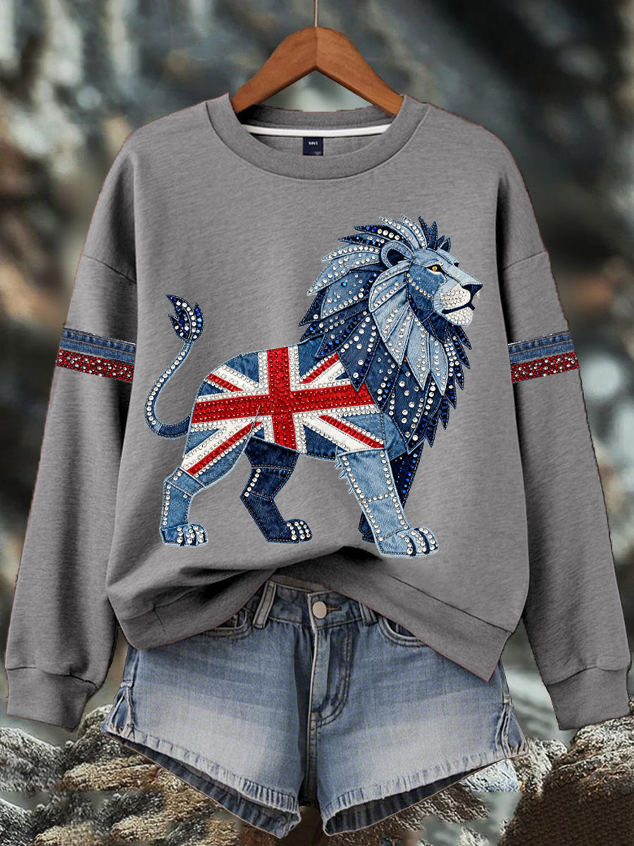 Women's British style imitation denim rhinestone hot-drill Print Sweatshirt