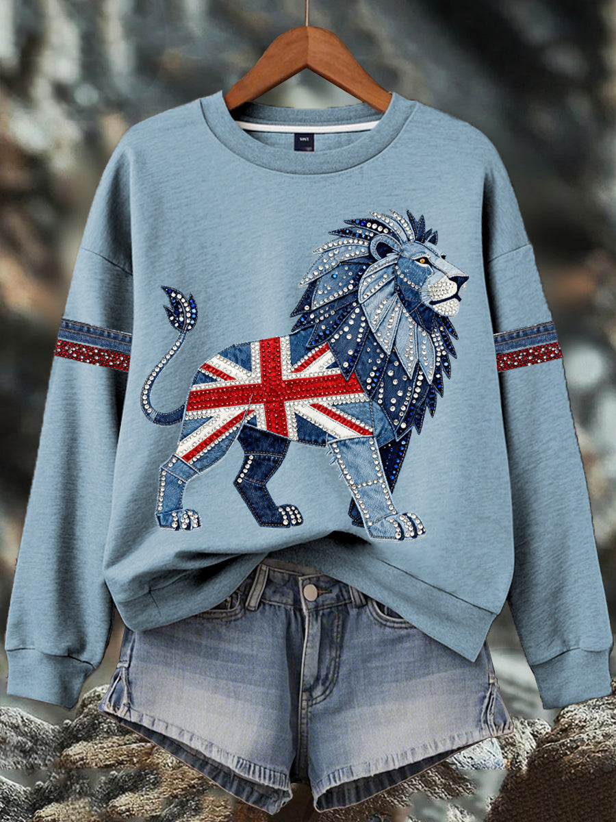 Women's British style imitation denim rhinestone hot-drill Print Sweatshirt