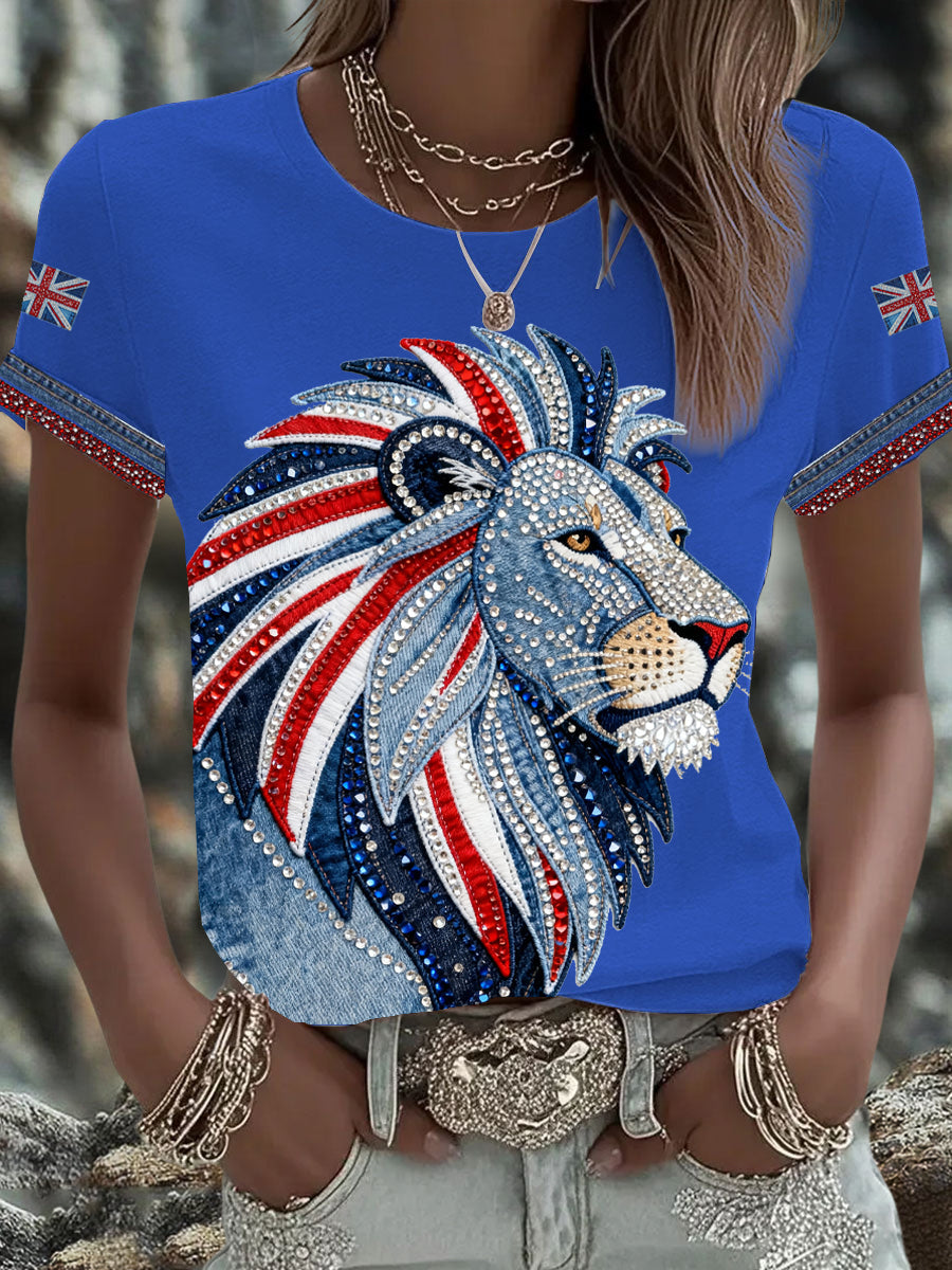 Women's British style imitation denim rhinestone hot-drill Printed Iron On Short Sleeve T-Shirt