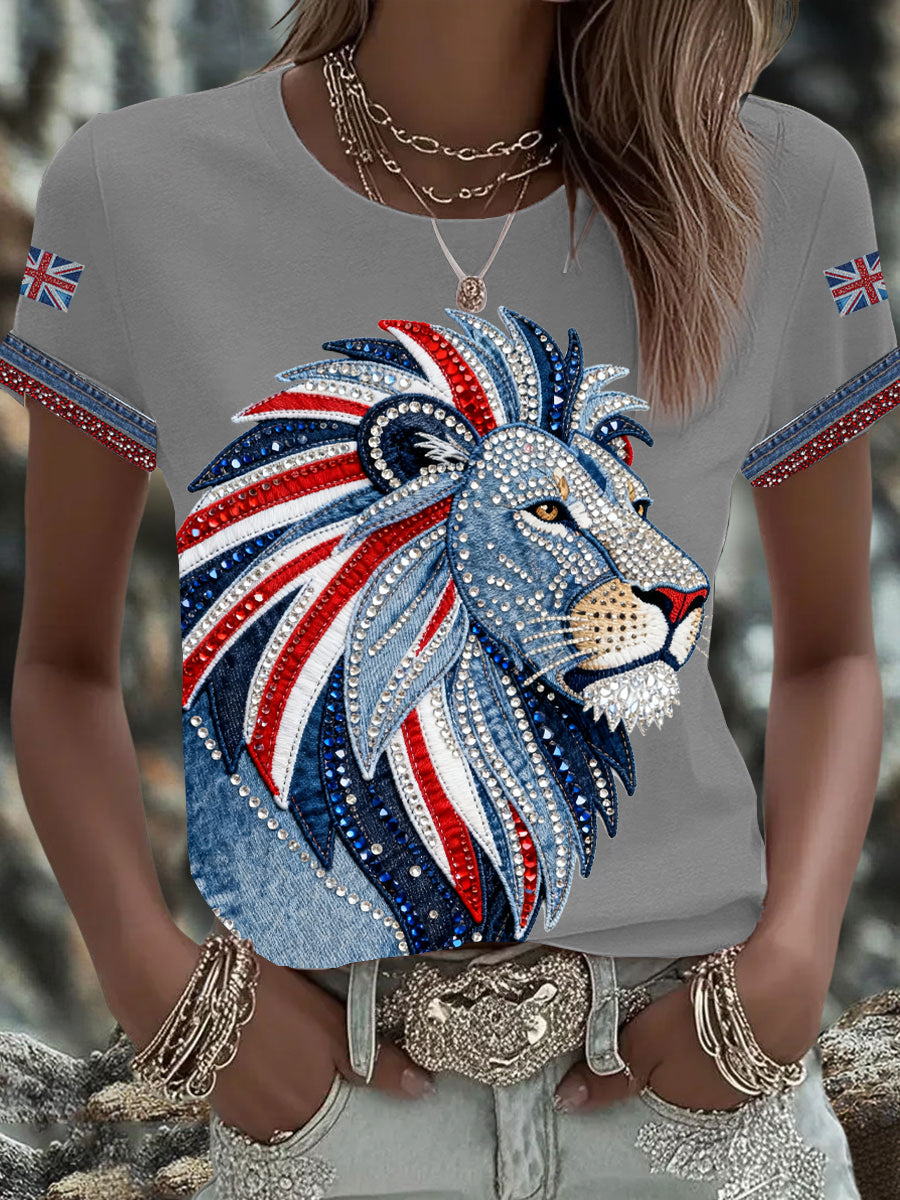 Women's British style imitation denim rhinestone hot-drill Printed Iron On Short Sleeve T-Shirt