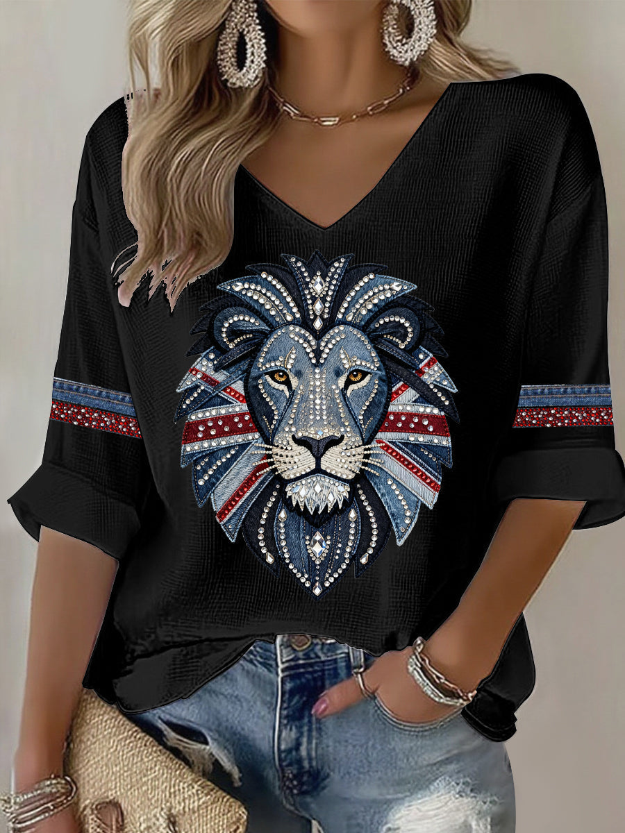 Women's British style imitation denim rhinestone hot-drill Printed Casual T-shirt