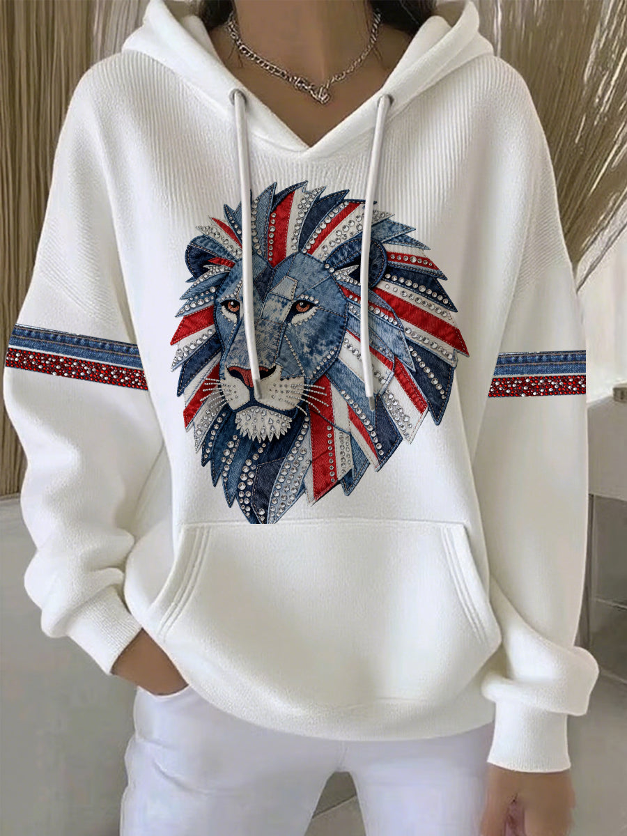 Women's British style imitation denim rhinestone hot-drill print casual hoodie