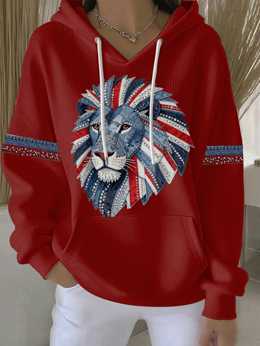 Women's British style imitation denim rhinestone hot-drill print casual hoodie