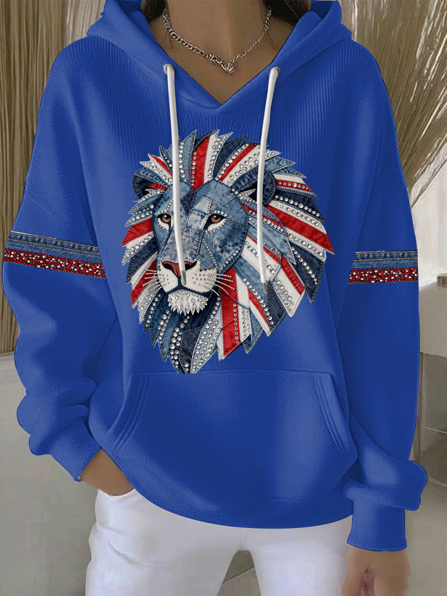 Women's British style imitation denim rhinestone hot-drill print casual hoodie