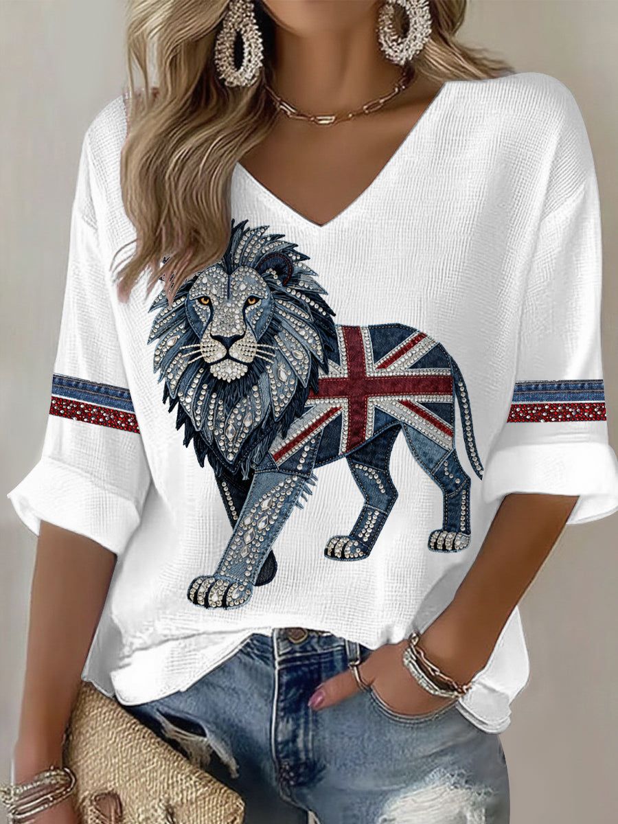 Women's British style imitation denim rhinestone hot-drill Printed Casual T-shirt