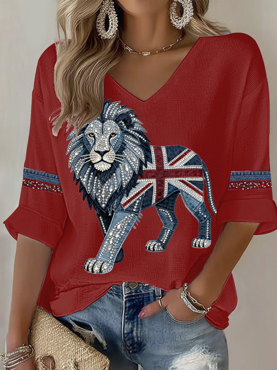 Women's British style imitation denim rhinestone hot-drill Printed Casual T-shirt