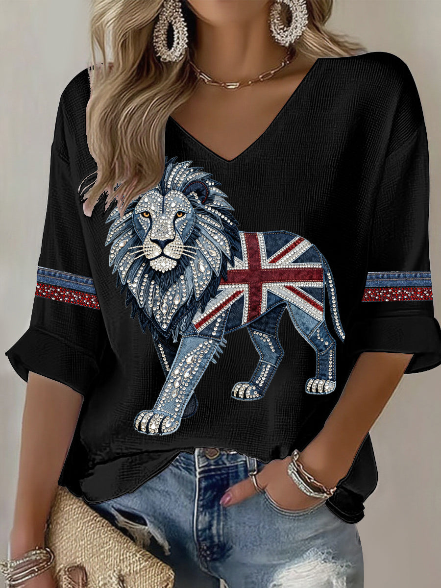 Women's British style imitation denim rhinestone hot-drill Printed Casual T-shirt