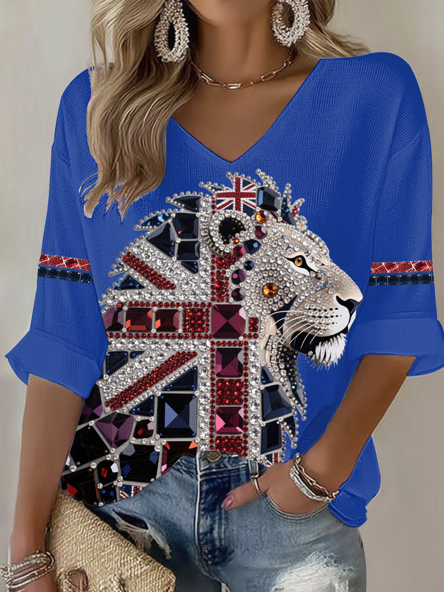 Women's British imitation diamond hot-drilling Printed Casual T-shirt