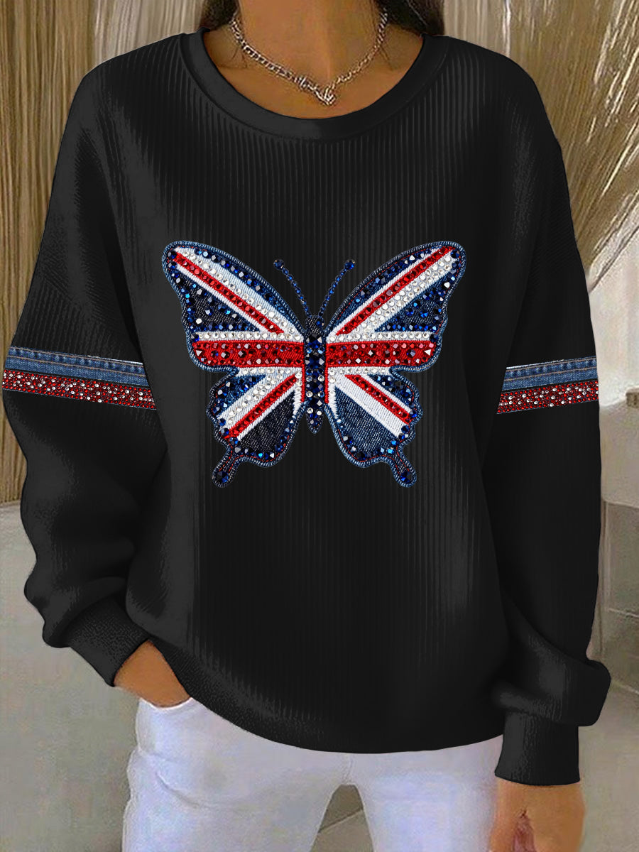 Women's British style imitation denim rhinestone hot-drill Print Casual Sweatshirt