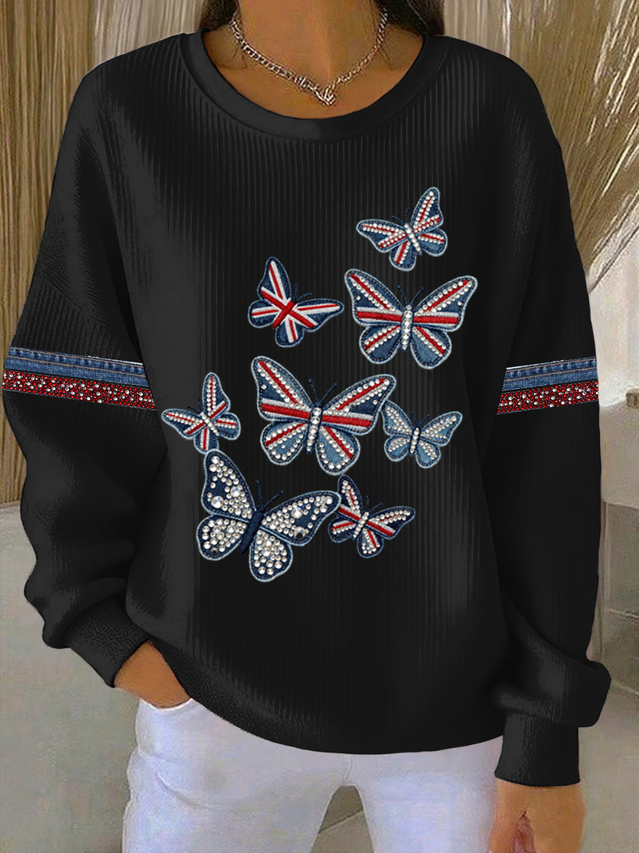 Women's British style imitation denim rhinestone hot-drill Print Casual Sweatshirt