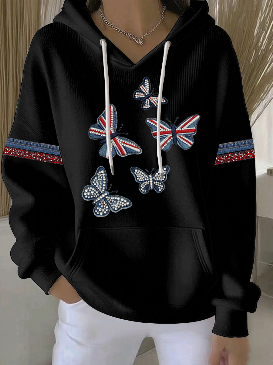 Women's British style imitation denim rhinestone hot-drill Print Casual Hoodie