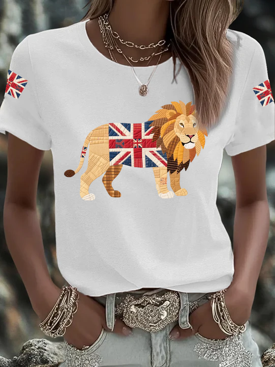 Women's British patchwork lion Iron On Short Sleeve T-Shirt
