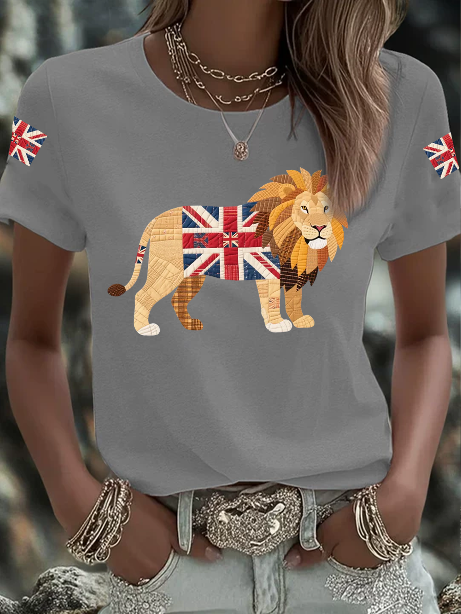 Women's British patchwork lion Iron On Short Sleeve T-Shirt