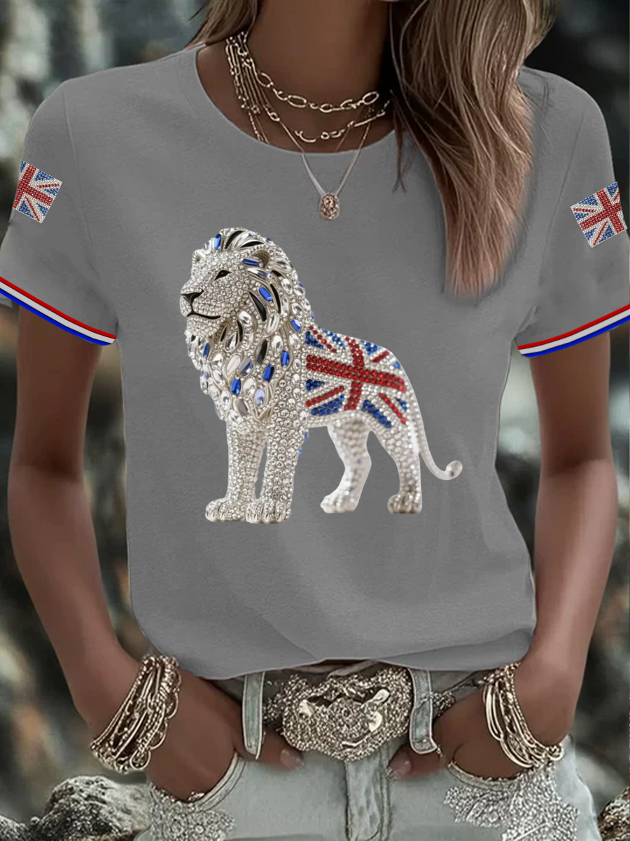 Women's British imitation diamond hot-drilling Printed short-sleeved T-shirt