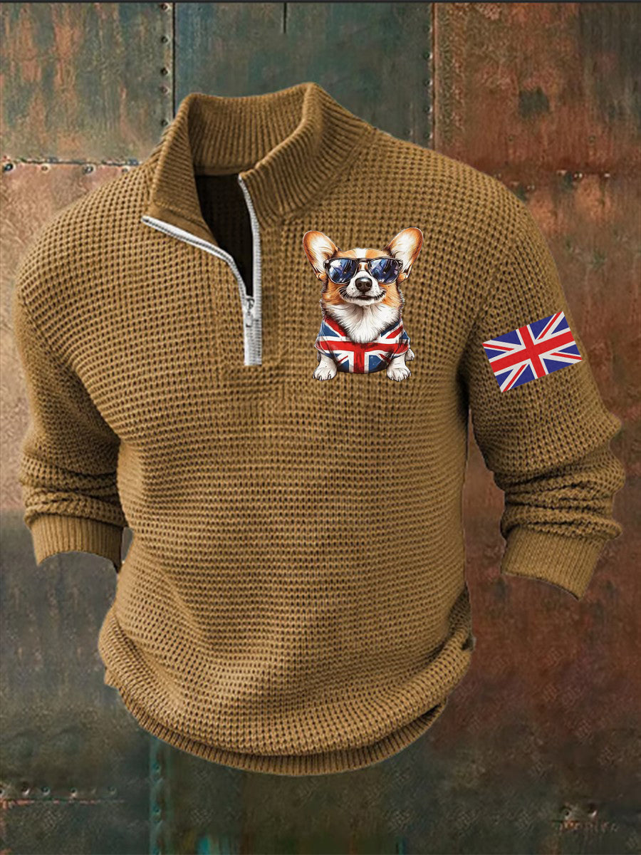 Men's Vintage England Flag Dog Printed Sweater