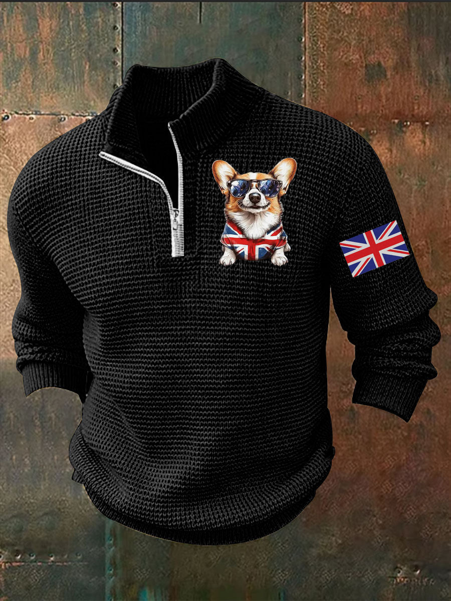 Men's Vintage England Flag Dog Printed Sweater