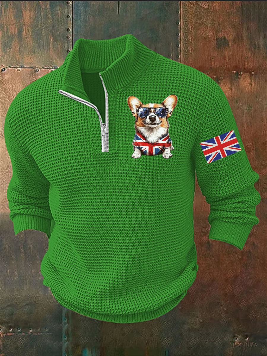 Men's Vintage England Flag Dog Printed Sweater