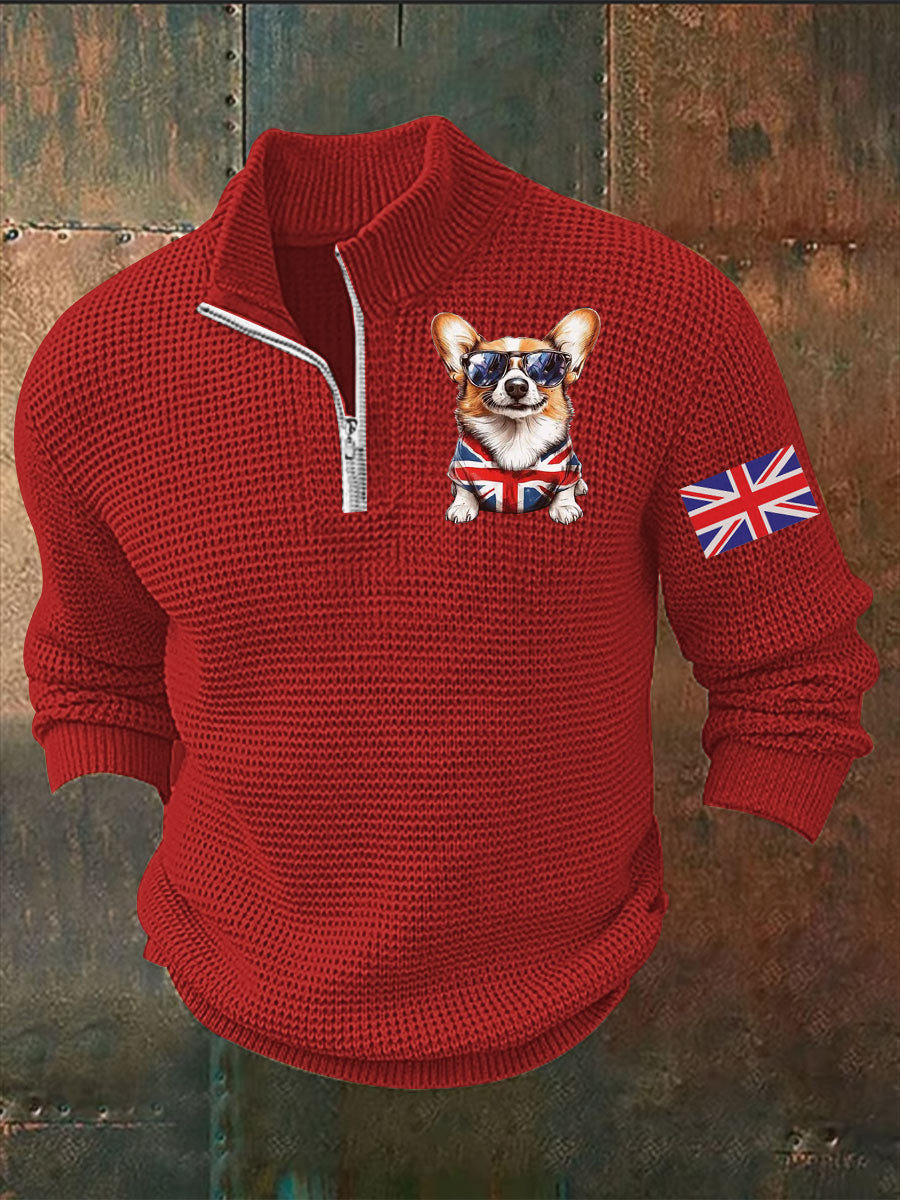 Men's Vintage England Flag Dog Printed Sweater