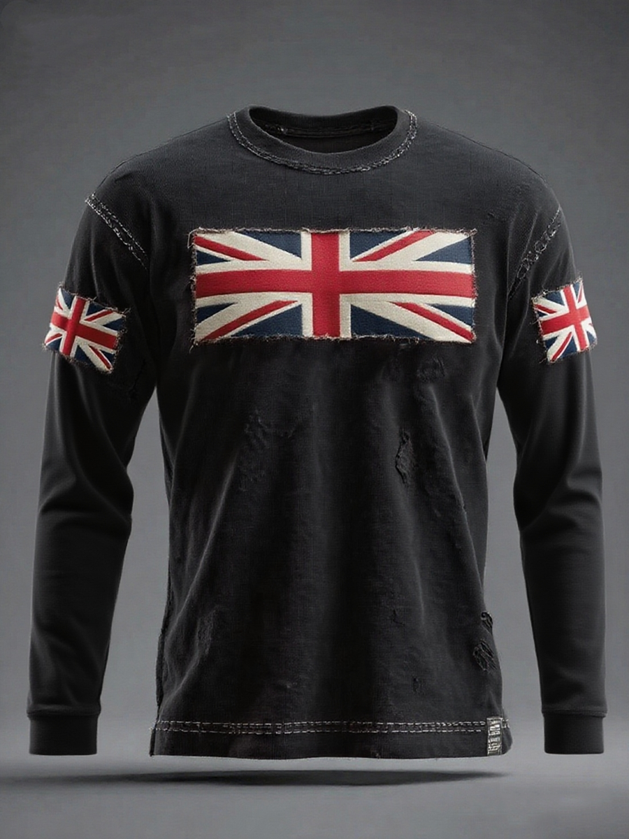Men's British Flag Printed long sleeve round neck T-shirt