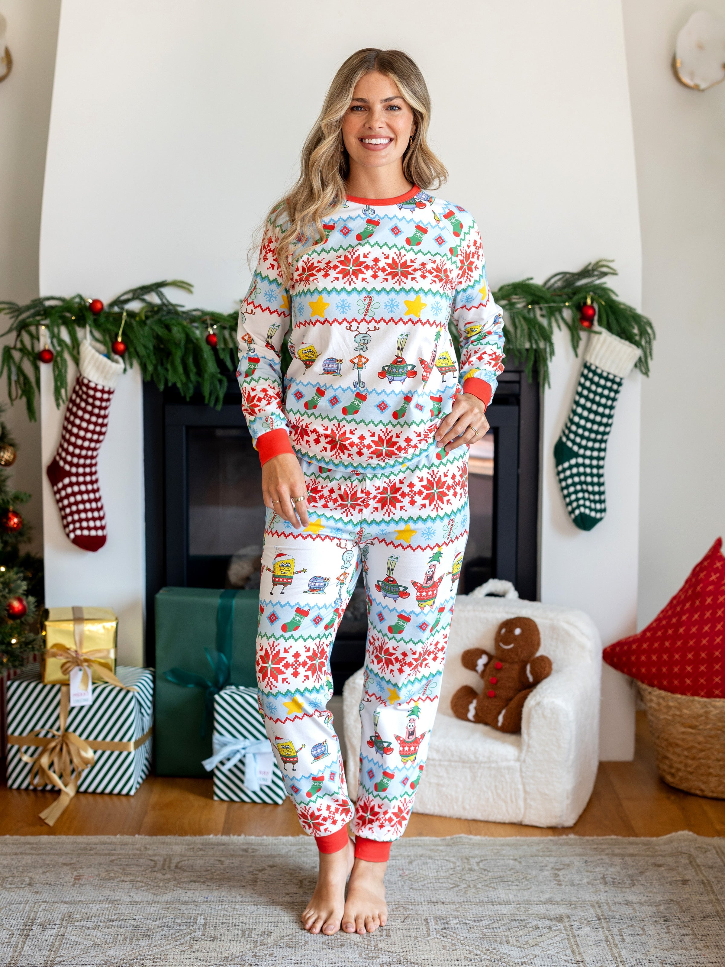 SpongeBob SquarePants Christmas Matching Family Organic Cotton Snug-fitting Pajamas Set with Socks Red