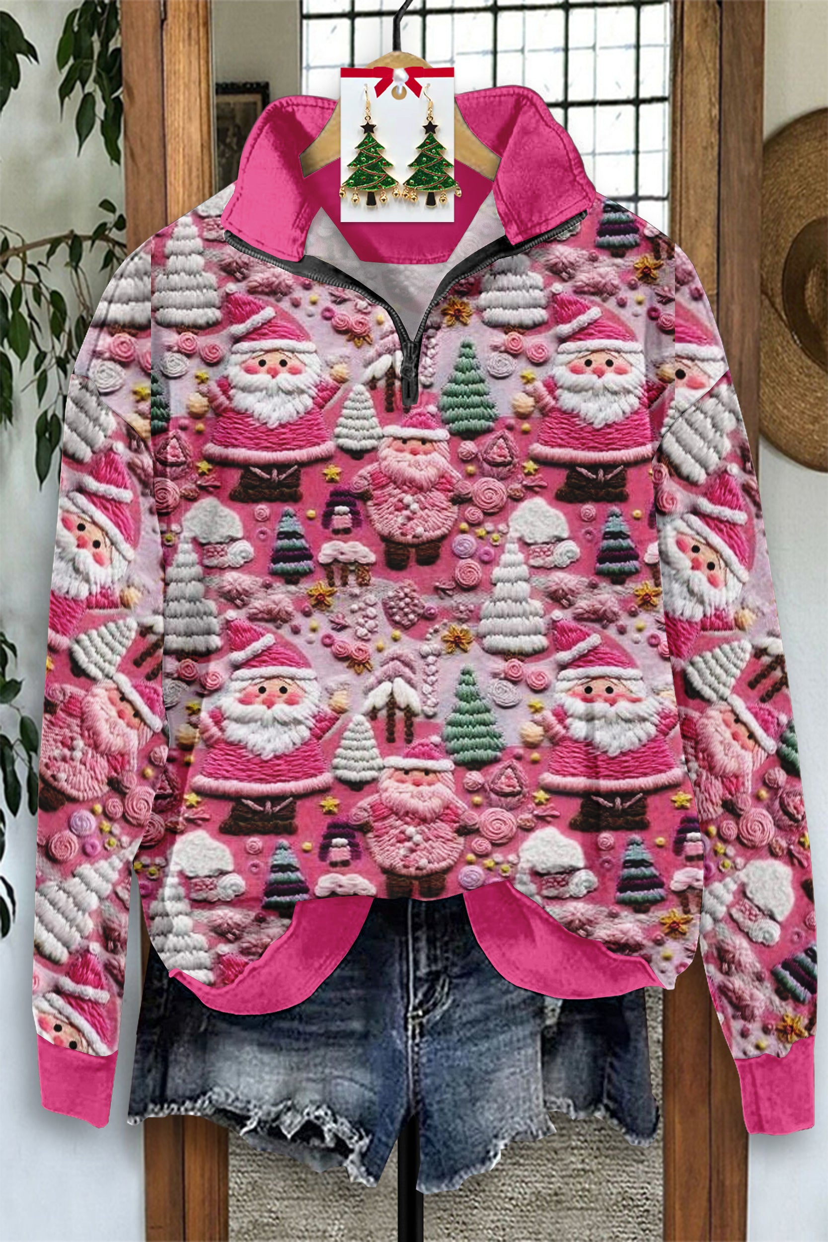 Vintage Santa Print Zip-Up Sweatshirt
