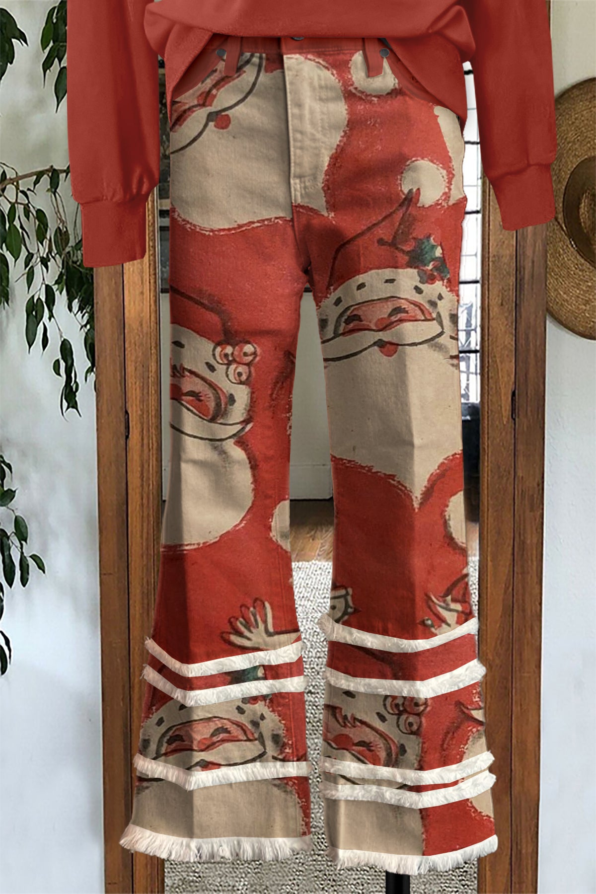 Vintage Christmas Ugly Santa Print Raw Hem Pants
