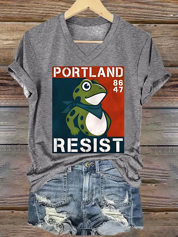 V-neck Women's  Portland Frog 8647 resist Print T-Shirt