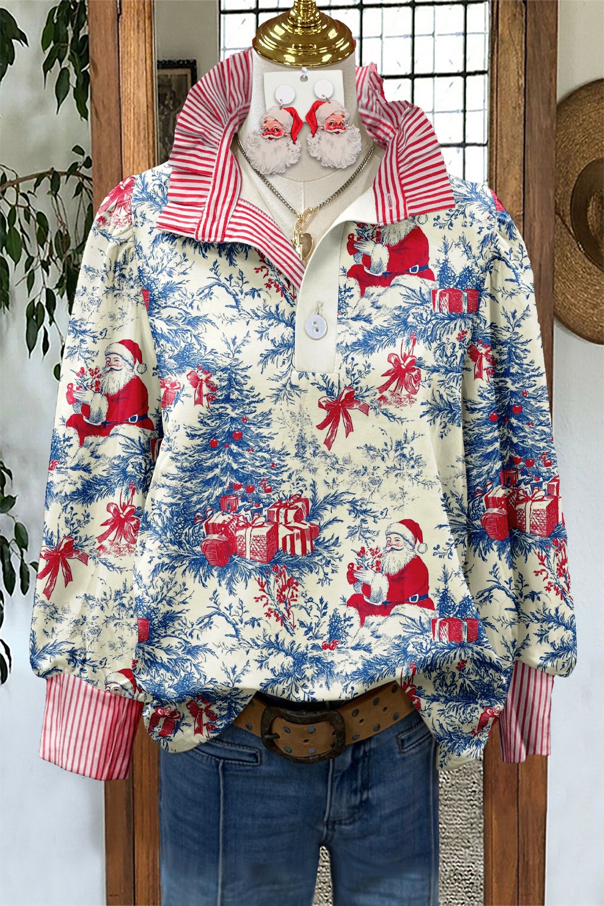 Vintage Christmas Santa Claus Stand Collar Blouse