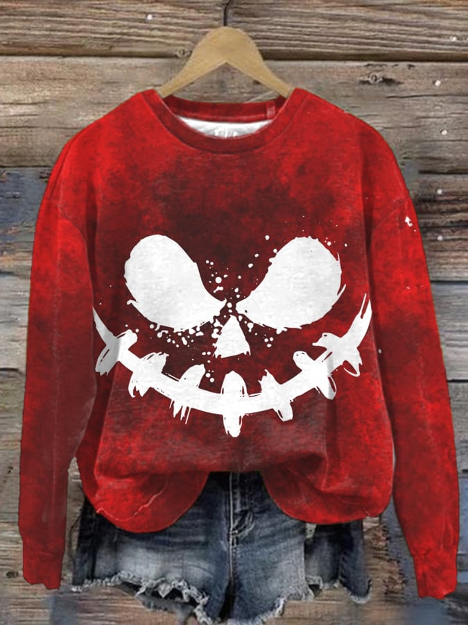 Women'S Red Blood Scary Faces Of Halloween Pumpkin Party Print Long Sleeve Sweatshirt
