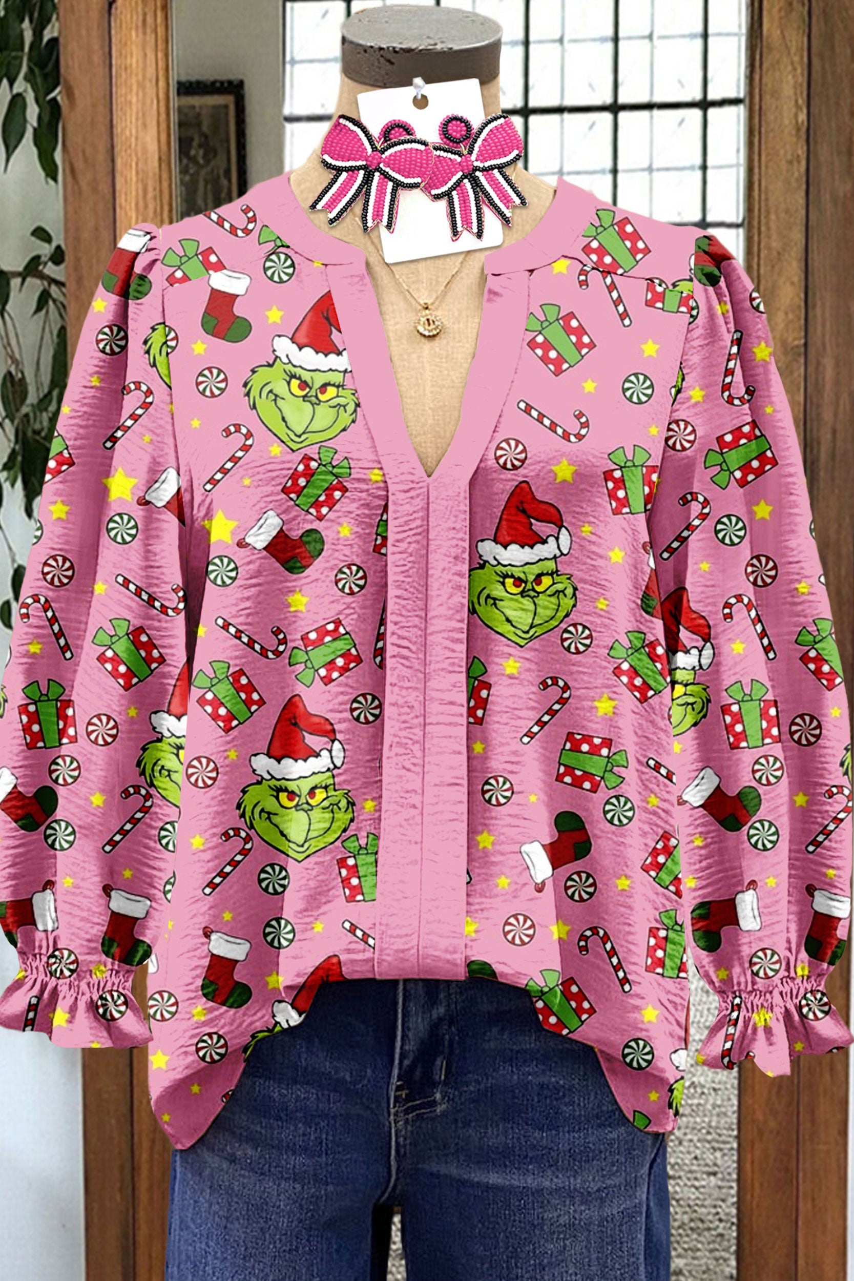 Christmas Grinch Print Contrast Panel V-neck Top
