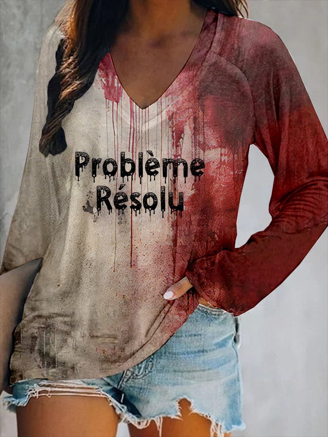 Women's Bloody Problem Solved Halloween Print V-Neck T-Shirt