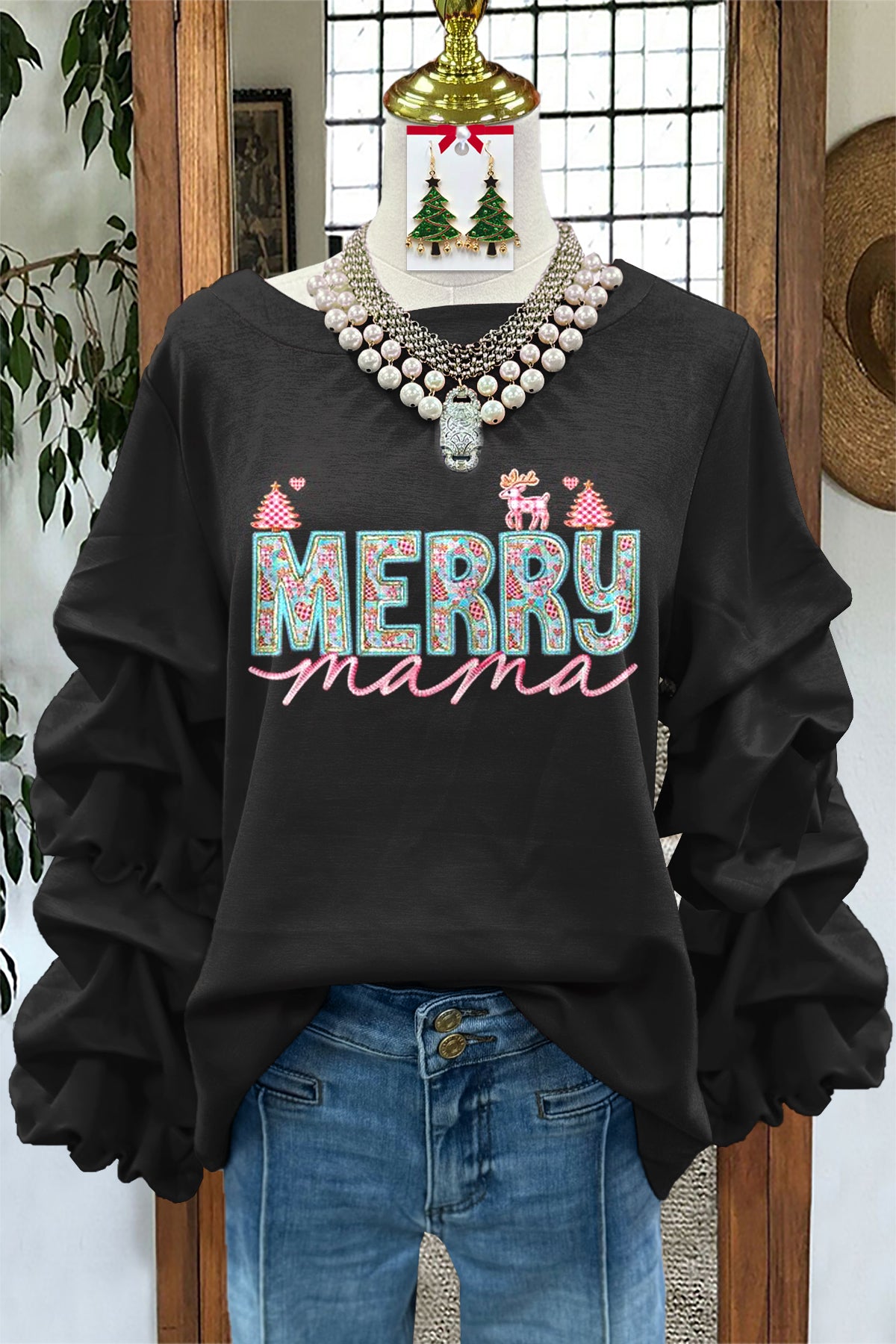 Simple Christmas Print Pleated Sweatshirt