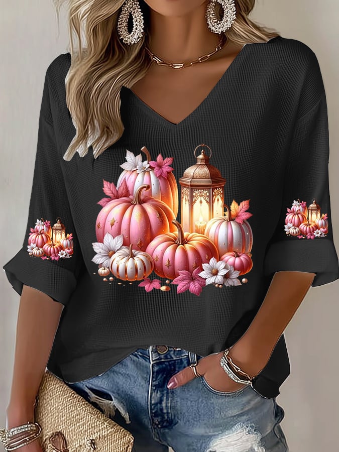 Women's Beat Breast Cancer Pink Pumpkin Print T-Shirt