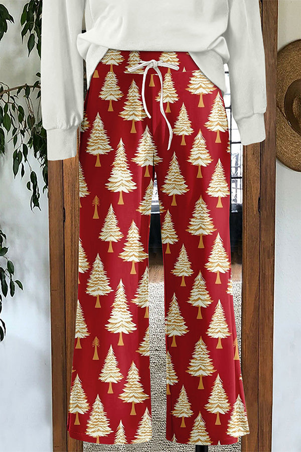 Vintage Christmas Tree Print Wide Leg Trousers