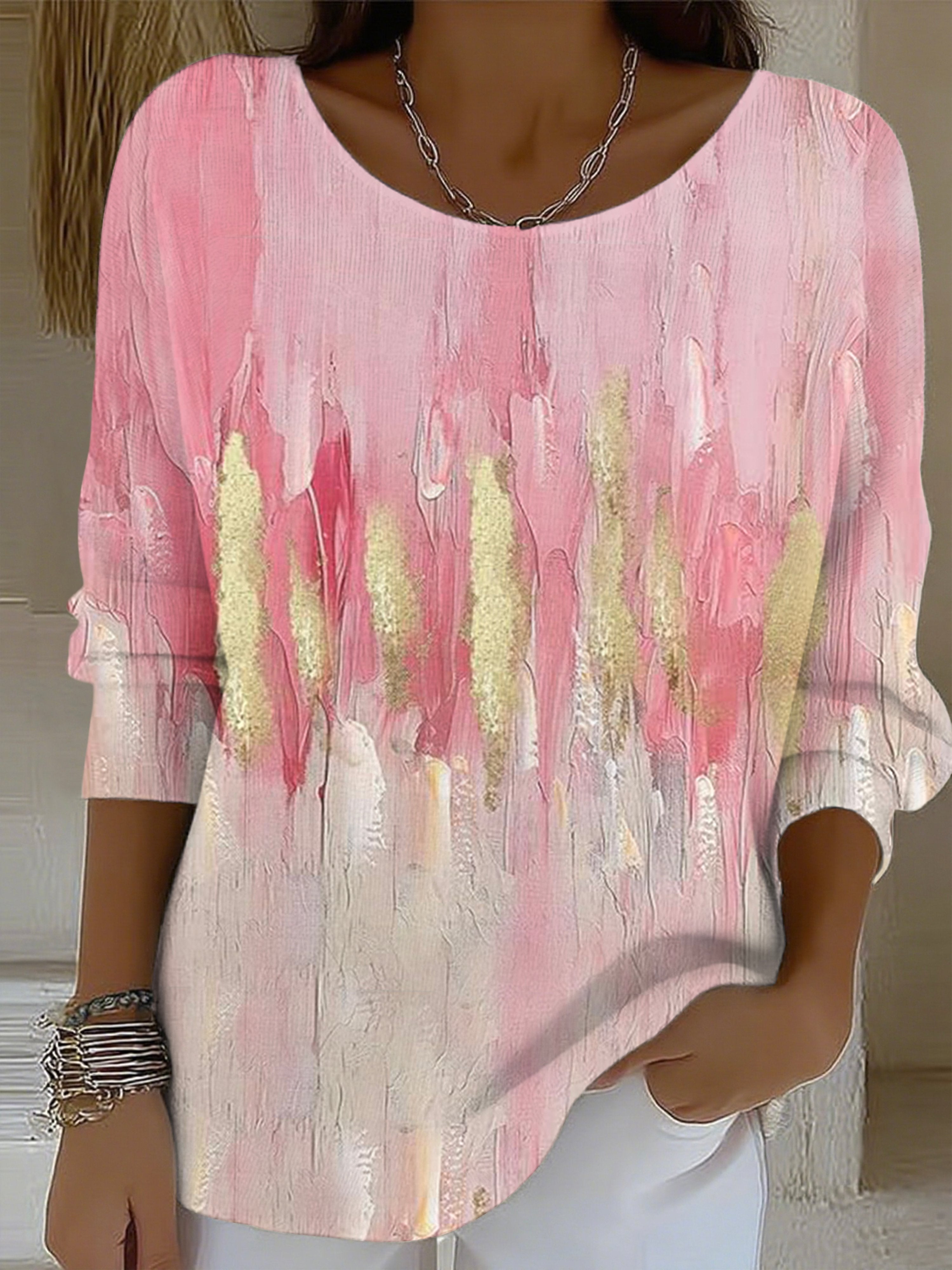 Women's Pink Oil Painting Gradient Print Long Striped Top
