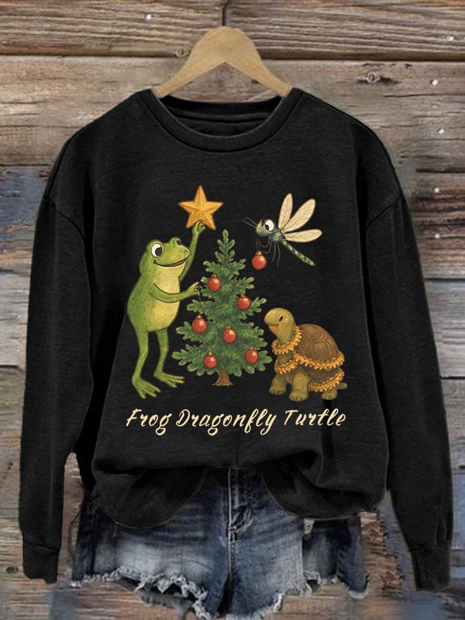 Women's Frog Dragonfly Turtle Printed Round Neck Sweatshirt