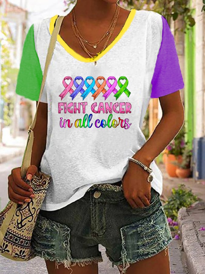 Breast Cancer V-Neck Print T-Shirt