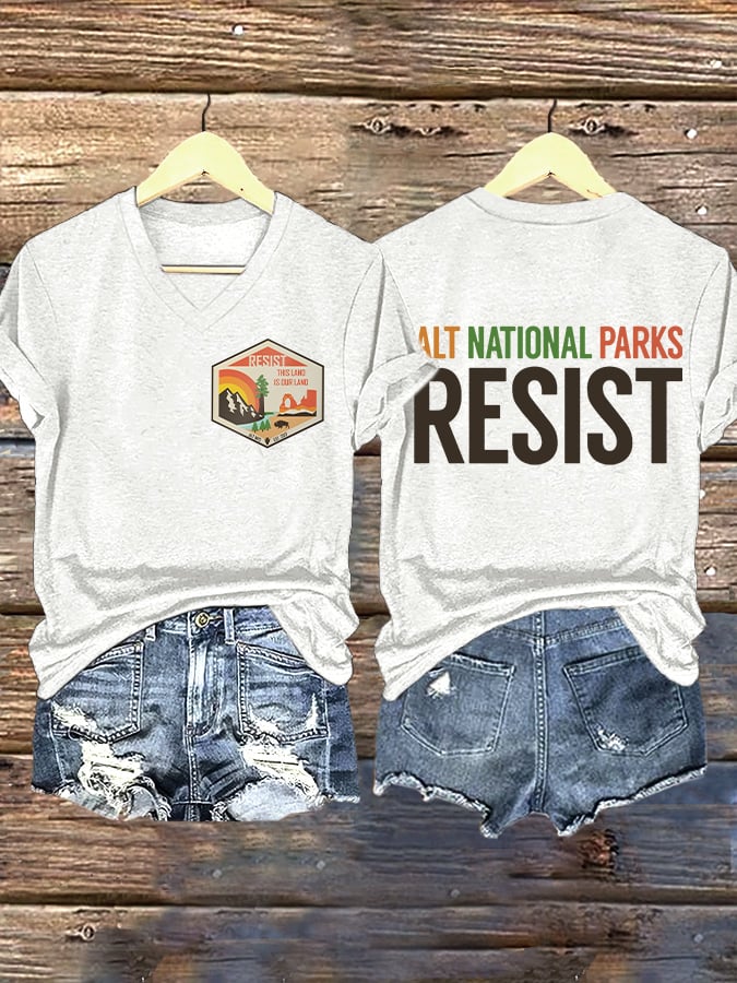 V-neck Retro ALT National Parks Resist This Land Is Our Land Print T-Shirt