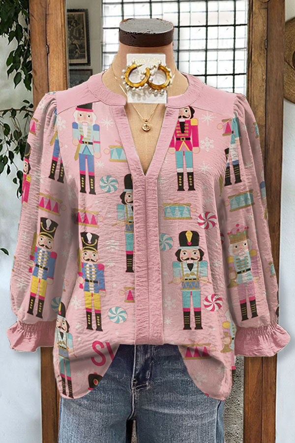 Nutcracker Print V-neck Puff Sleeve Blouse