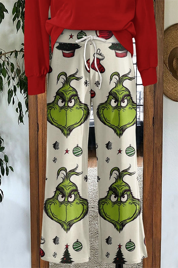 Funny Christmas Grinch Print Wide Leg Pants