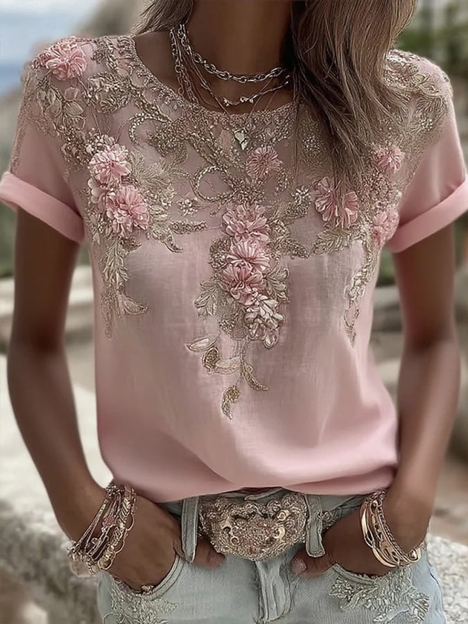 Women's Vintage Pink Rose Embroidery Art Round Neck Short Sleeve Linen Blend Shirt