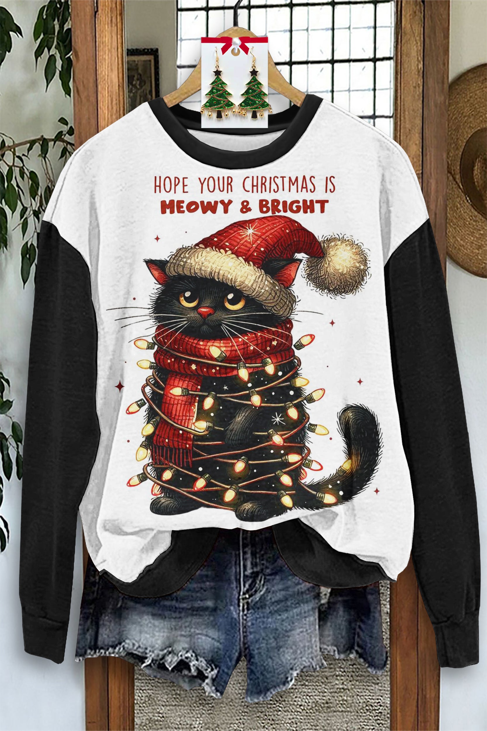 Cute Christmas Black Cat Print Long Sleeve Sweatshirt