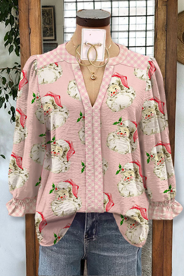 Santa Claus Paneled Plaid Print Puff Sleeve Blouse