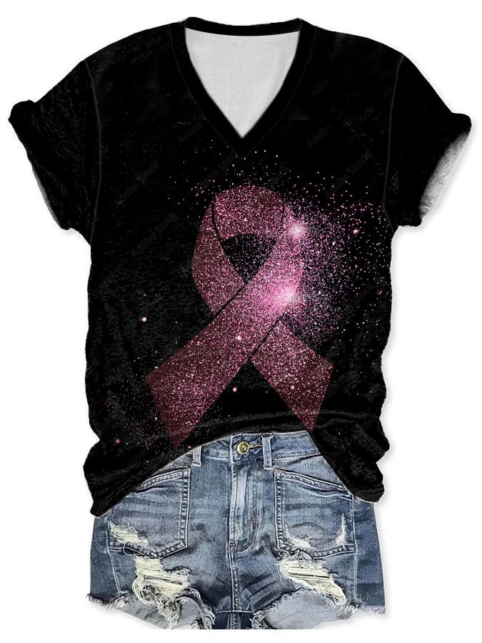 Women's Casual Breast Cancer Ribbon Print Short Sleeve T-Shirt